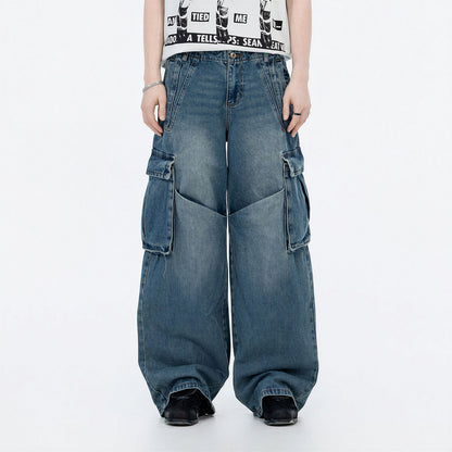 Men's Spring Vintage Blue Multi-Pocket Cargo Denim Jeans