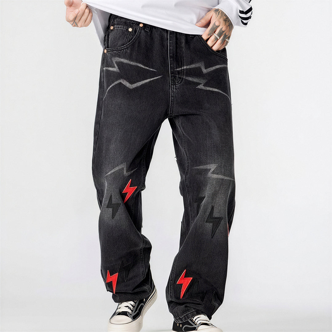 Men's Spring Washed Black Lightning Embroidery Jeans