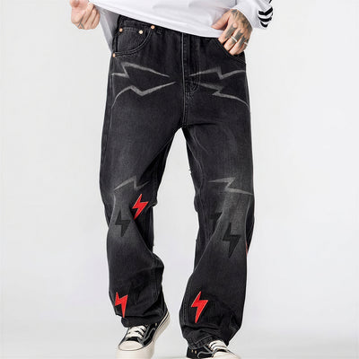 Men's Spring Washed Black Lightning Embroidery Jeans