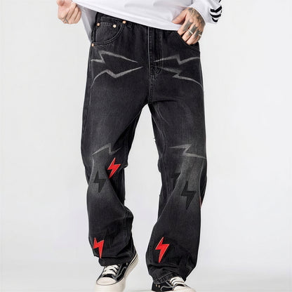Men's Spring Washed Black Lightning Embroidery Jeans