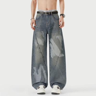 Men's Spring Blue Thorn Graffiti Wide Leg Denim Jeans