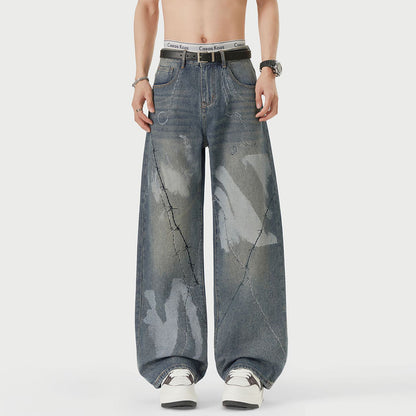 Men's Spring Blue Thorn Graffiti Wide Leg Denim Jeans