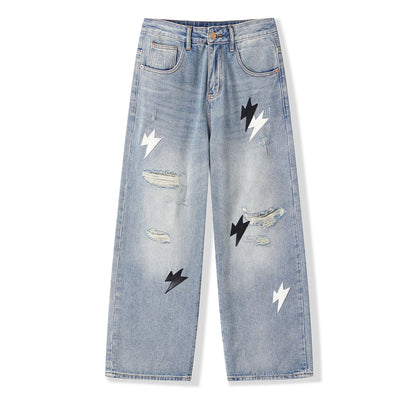 Men's Spring Light Blue Ripped Lightning Patch Jeans