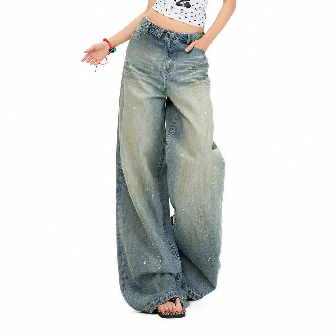 Women's Spring Distressed Splatter Wide-Leg Denim Jeans