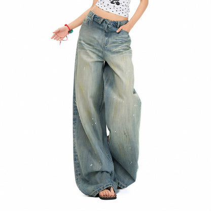 Women's Spring Distressed Splatter Wide-Leg Denim Jeans