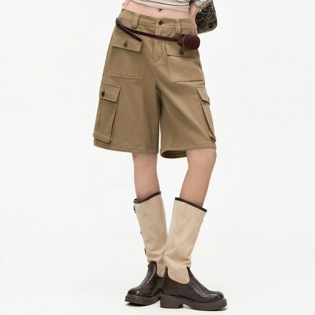 Women's Summer Khaki Multi-Pocket Cargo Denim Shorts