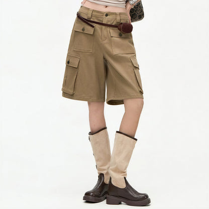 Women's Summer Khaki Multi-Pocket Cargo Denim Shorts