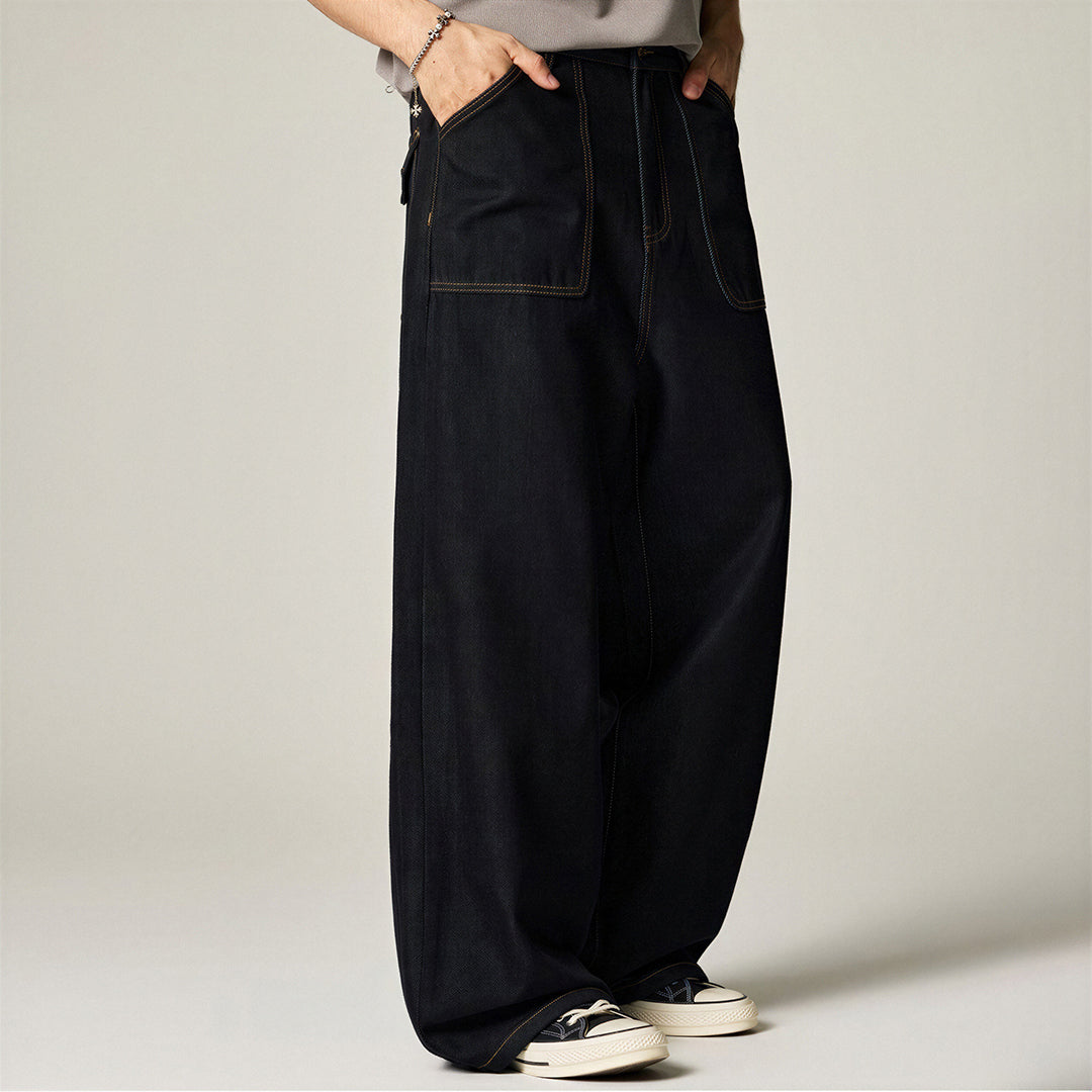 Men's Spring Contrast Stitch Wide-Leg Denim Jeans