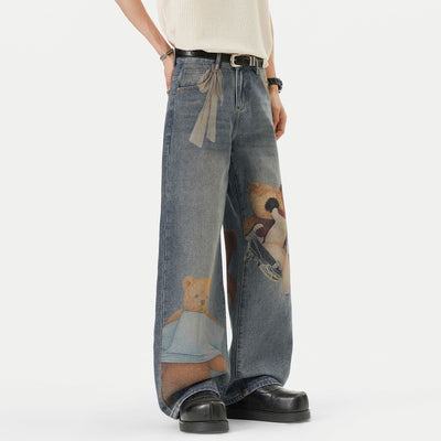 Men's Spring Light Blue Teddy Print Wide Leg Denim Jeans
