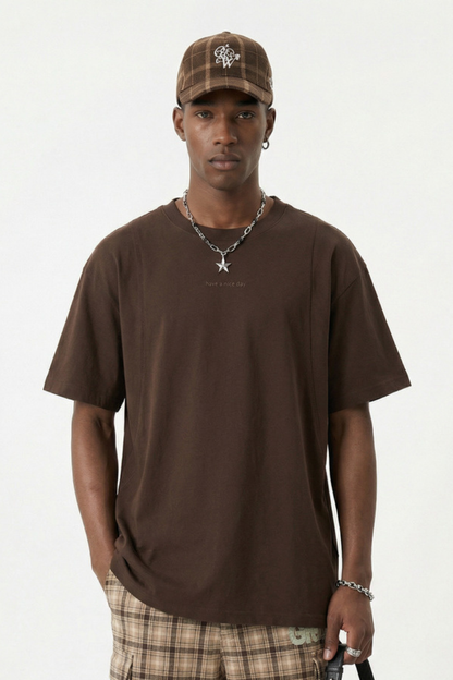 Men's Cotton-Linen Drop-Shoulder Tee w/FwdSideSeam & Sld Ltr