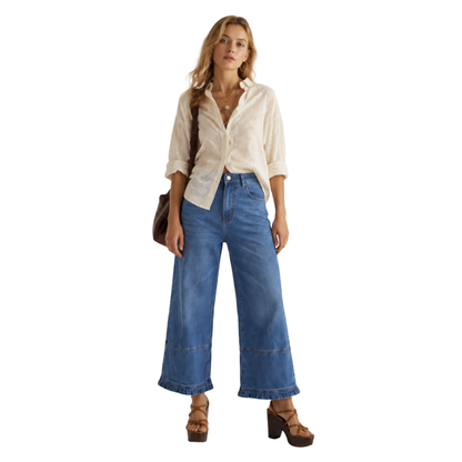Women's High Waist Wide Leg Jeans with Ruffle Hem