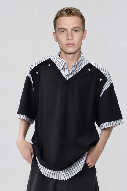 Men's Summer Layered Stripe-Spliced Short-Sleeve T-Shirt