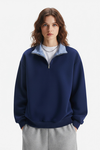Unisex Spring Plaid Patchwork Half Zip Loose Hoodie