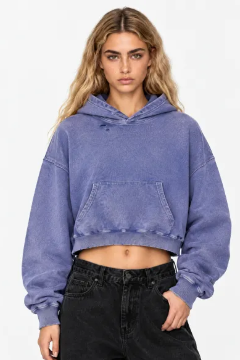 Women Fall Clothing Snow Washed Cropped Heavyweight Hoodie
