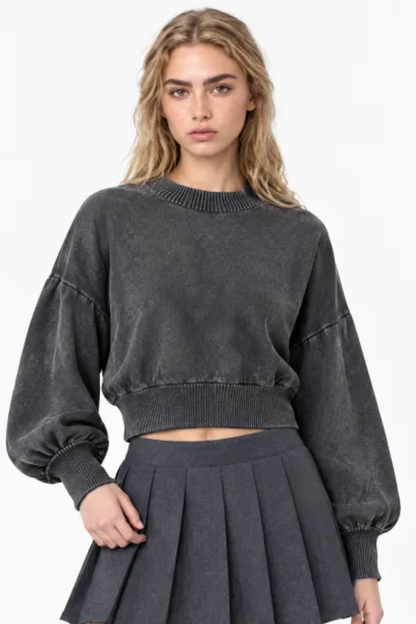 Women Fall Clothing Snow Washed Balloon Sleeve Knit Sweater