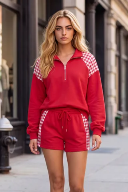 Women Winter Christmas Gingham Half Zip Top Shorts Set