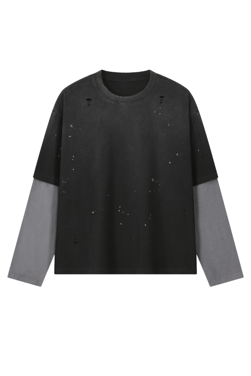 Women's Summer Distressed Layered Ripped Long-Sleeve Tee