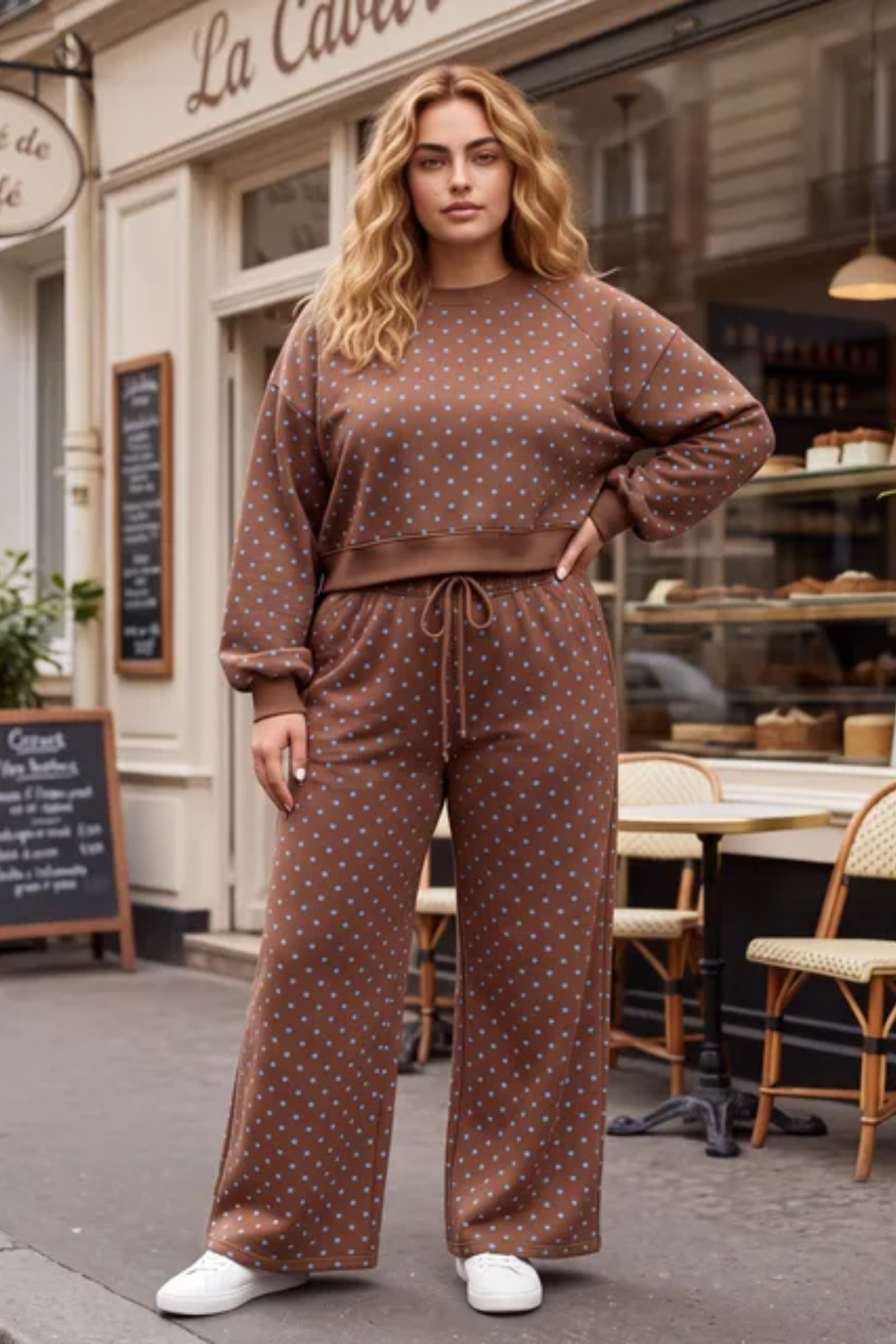 Women Spring Plus Size Polka Dot Wide Leg Lounge Set