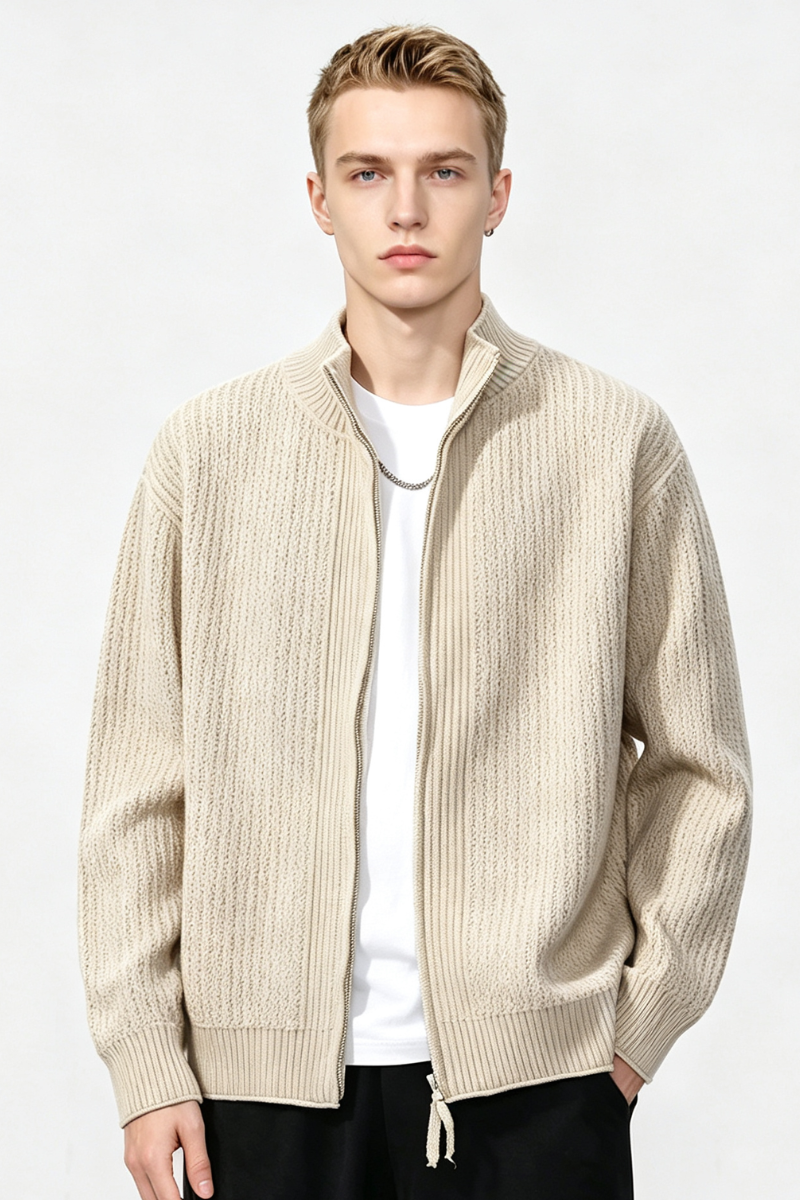 Men's Fall Winter Ribbed Mock-Neck Zip-Up Knit Cardigan