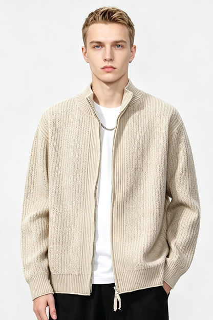 Men's Fall Winter Ribbed Mock-Neck Zip-Up Knit Cardigan