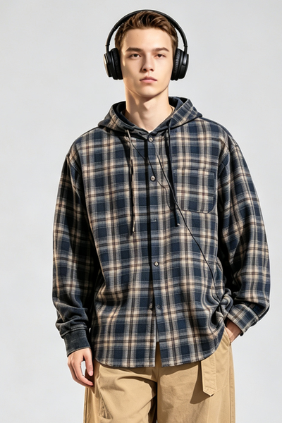 Men's Spring Vintage Hooded Plaid Button-Down Overshirt