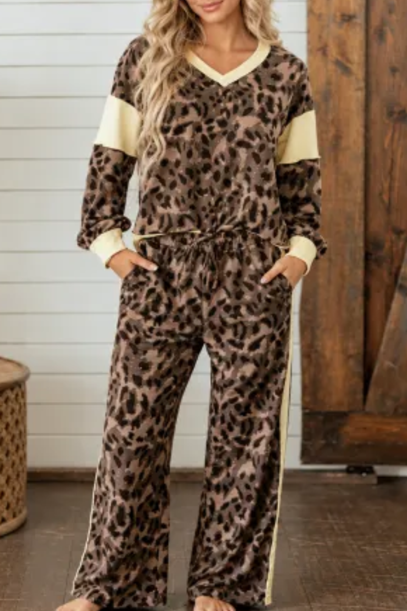 Women Fall Clothing Casual Leopard Color Block 2 Piece Set