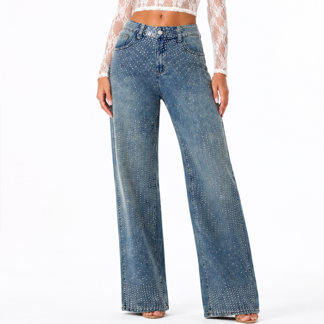 Women's High Waist Rhinestone Embellished Straight Leg Jeans