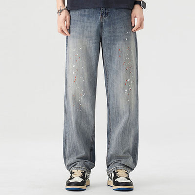 Men's Spring Light Blue Washed Splatter Paint Straight Jeans