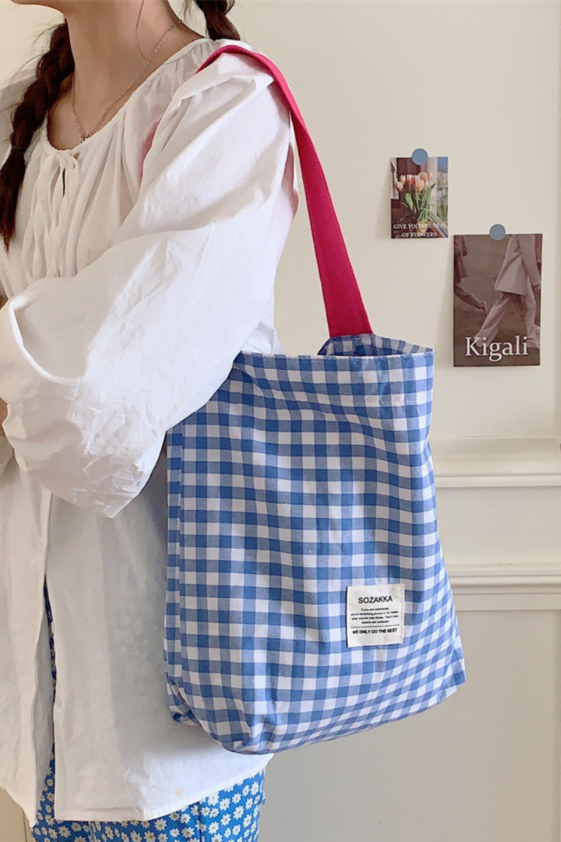 Women Fall Plaid Cotton Large Capacity Shoulder Tote Bag