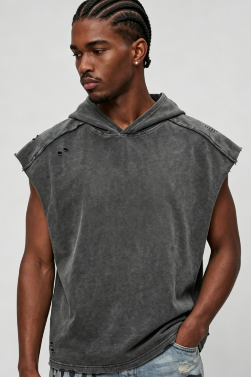 Men's Summer Stone-Washed Distressed Raw-Edge Hooded Tank