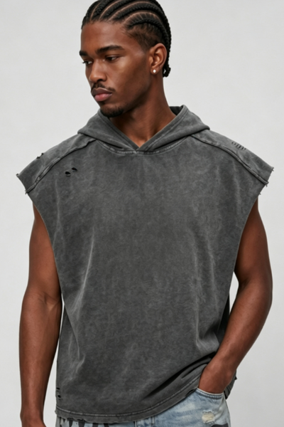 Men's Summer Stone-Washed Distressed Raw-Edge Hooded Tank
