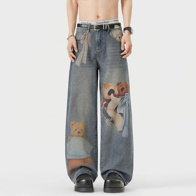 Men's Spring Light Blue Teddy Print Wide Leg Denim Jeans