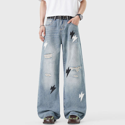 Men's Spring Light Blue Ripped Lightning Patch Jeans