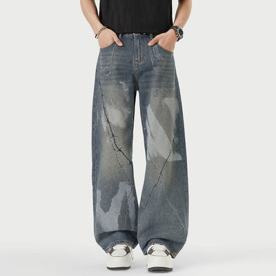 Men's Spring Blue Thorn Graffiti Wide Leg Denim Jeans