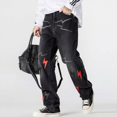 Men's Spring Washed Black Lightning Embroidery Jeans