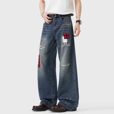 Men's Spring Ripped Plaid Patch Wide Leg Denim Jeans