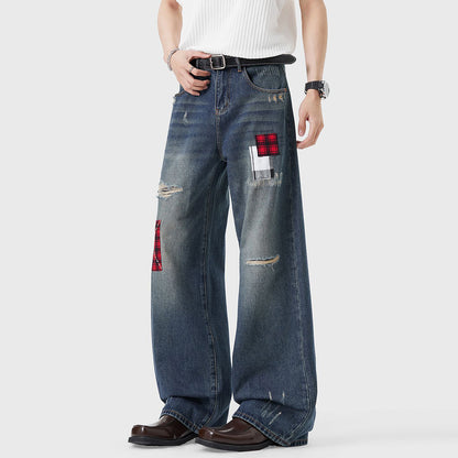 Men's Spring Ripped Plaid Patch Wide Leg Denim Jeans