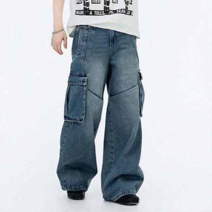Men's Spring Vintage Blue Multi-Pocket Cargo Denim Jeans