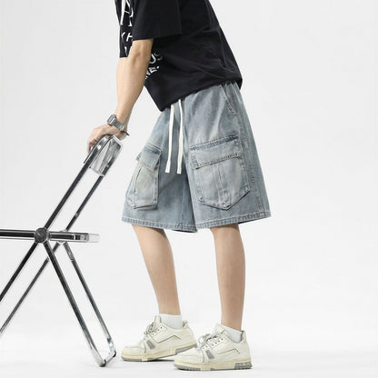 Men's Summer Light Wash Multi-Pocket Cargo Denim Shorts