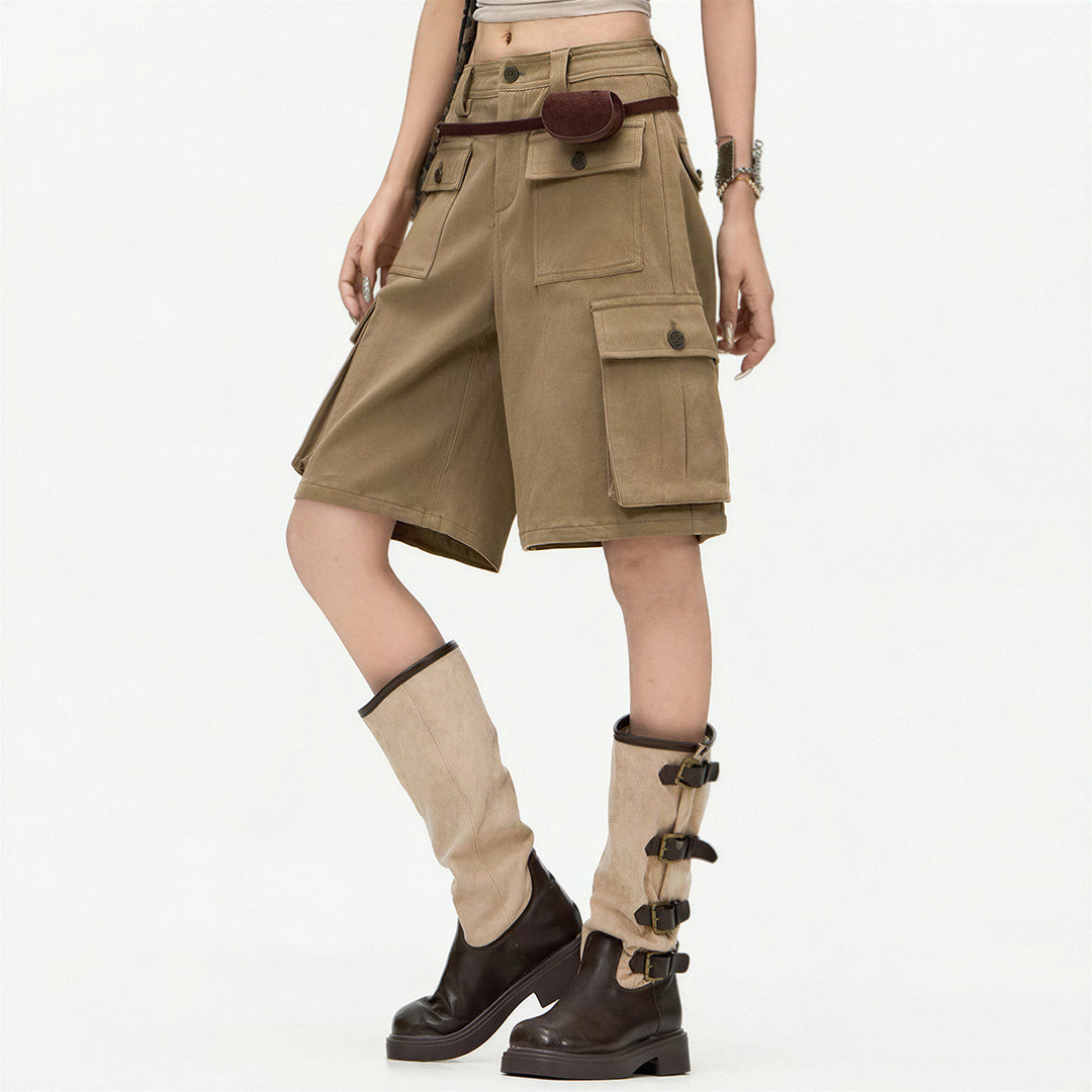 Women's Summer Khaki Multi-Pocket Cargo Denim Shorts