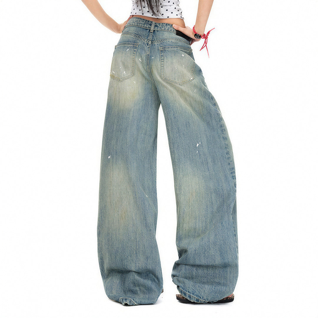 Women's Spring Distressed Splatter Wide-Leg Denim Jeans
