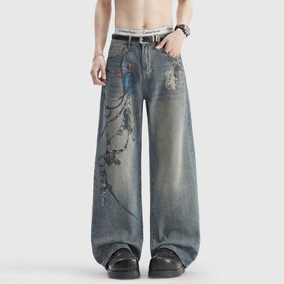 Men's Spring Blue Keychain Print Wide Leg Denim Jeans