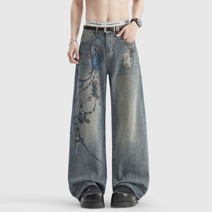 Men's Spring Blue Keychain Print Wide Leg Denim Jeans