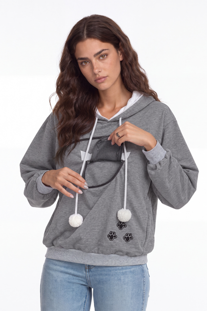 Unisex All Season Cat-Ear Drawstring Pet Pocket Hoodie