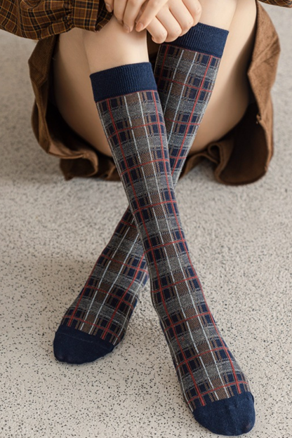 Women Fall Vintage Plaid Stretch Knee High Dress Socks