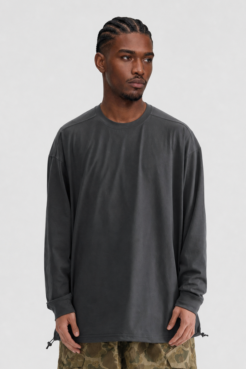 Men's Spring Drawstring-Hem Relaxed Long-Sleeve T-Shirt