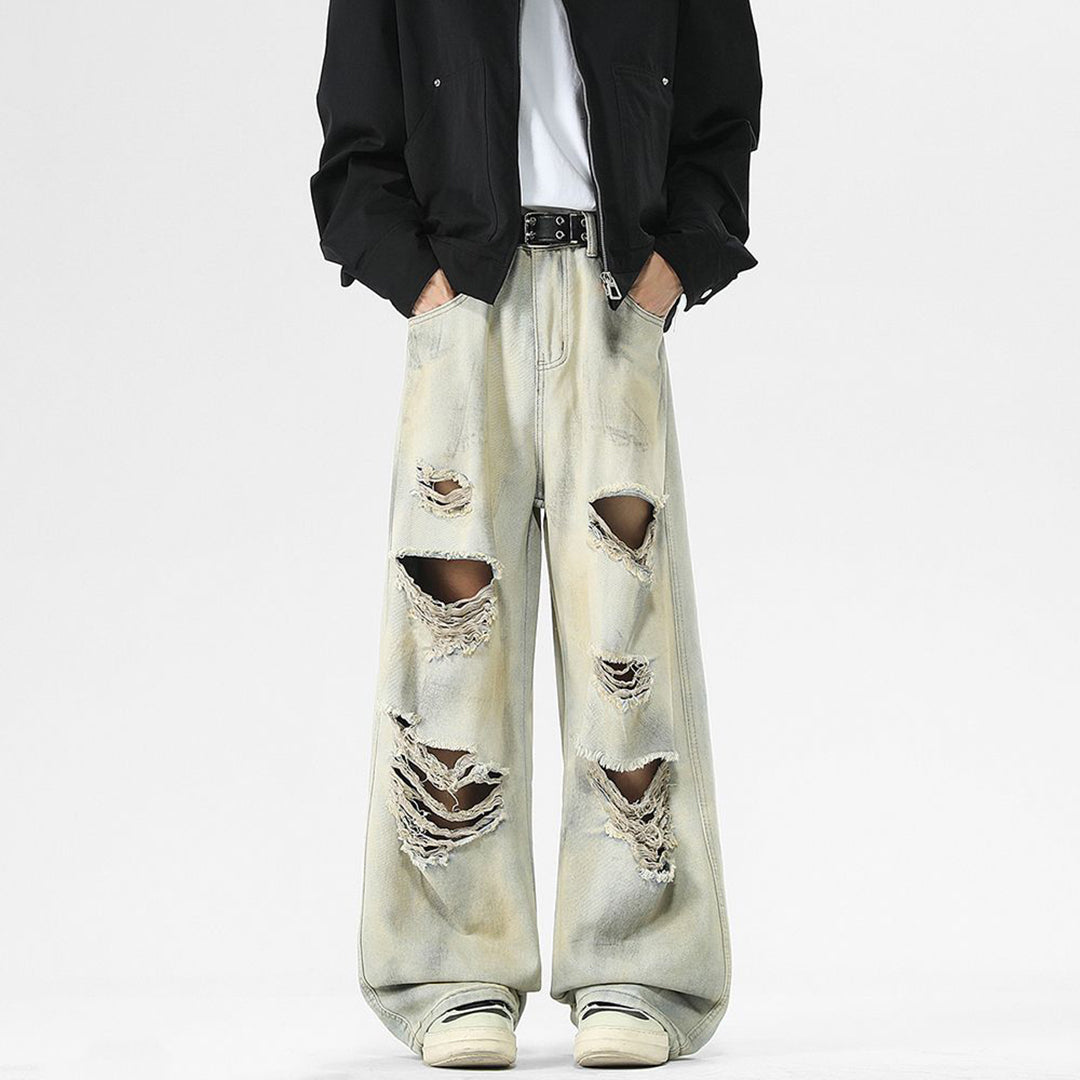 Men's Spring Heavily Ripped Straight Leg Denim Jeans