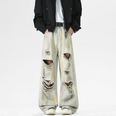 Men's Spring Heavily Ripped Straight Leg Denim Jeans