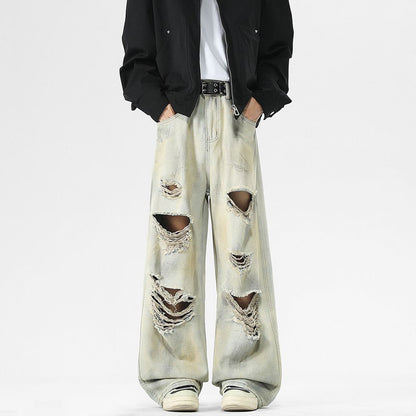 Men's Spring Heavily Ripped Straight Leg Denim Jeans