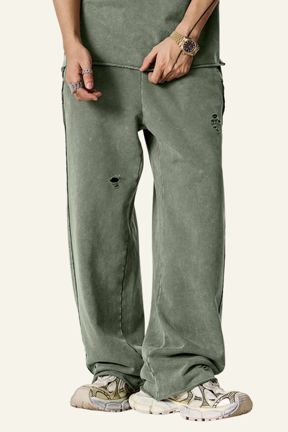 Men's Vintage Washed Frayed Hem Cotton Straight Leg Pants